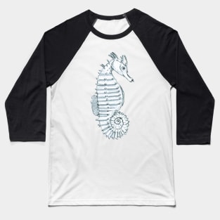 Pencil Sketch of a Seahorse on Calm Blue Baseball T-Shirt